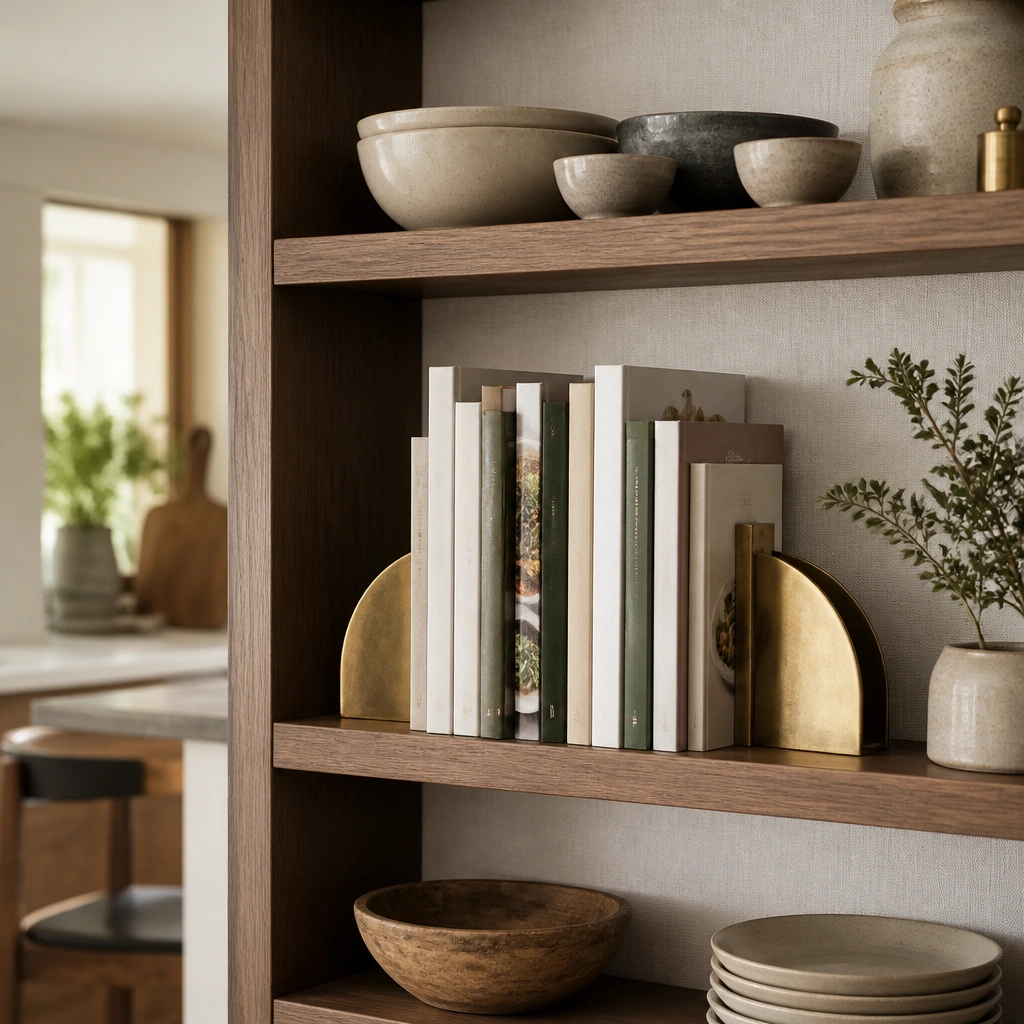 A kitchen dining bookshelf with a soft white linen panel behind stacked cookbooks, gold/brass bookends holding books upright, small ceramic bowls on the upper shelf, and warm wood shelves.