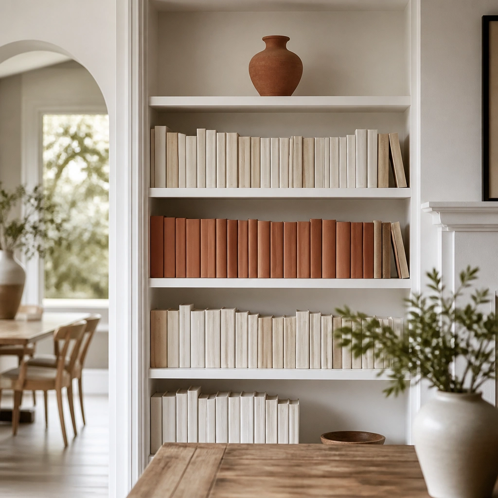 A bright white bookshelf in a dining area with mostly white and cream book spines, one row of books with muted terracotta covers, and a single terracotta vase centered on the top shelf.