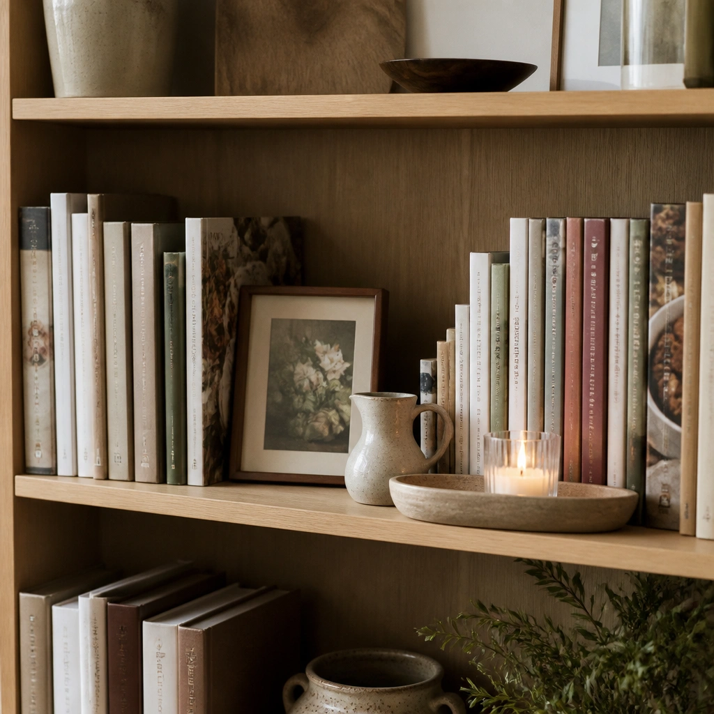 A bookshelf styled with cookbooks stacked vertically in alternating heights, a small framed print leaning against the back, a tiny ceramic pitcher, and a shallow tray with a candle on the middle shelf.