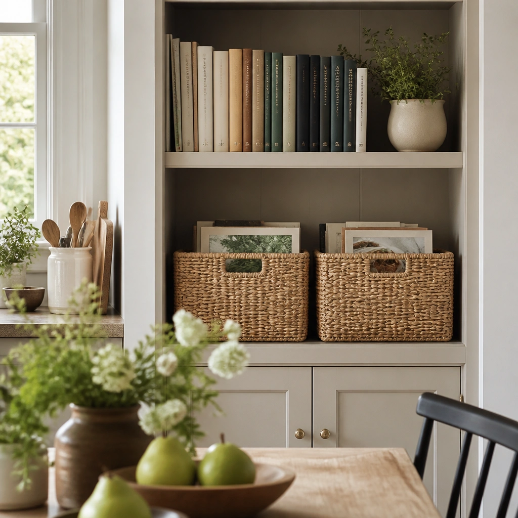 A kitchen dining shelf where the top area shows neatly arranged books, and the lower shelves are softened by two woven baskets with a few cookbooks peeking out above them.