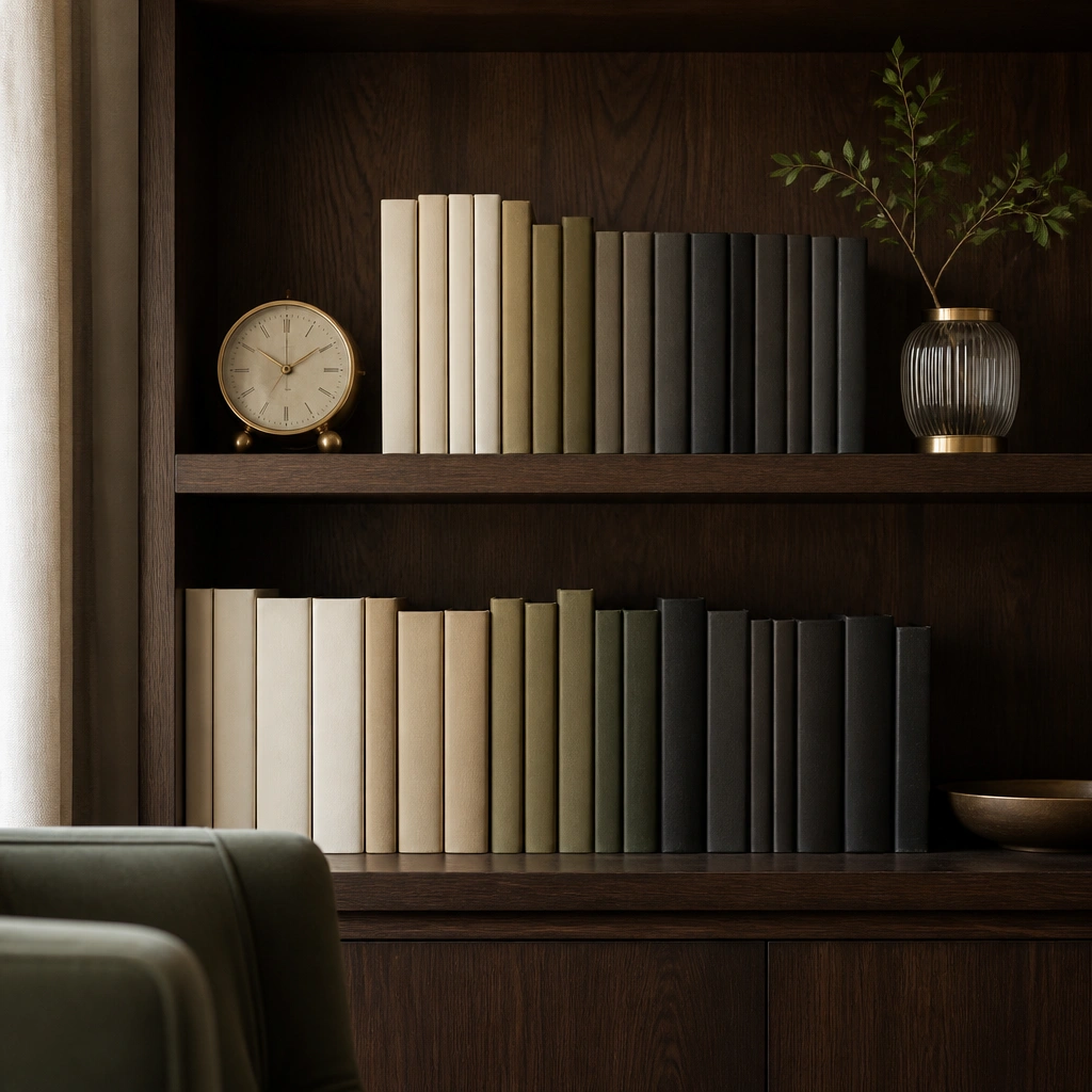 A dark walnut bookshelf with books arranged in a gradient of muted creams, olives, and charcoal, plus a small gold clock and a gold-rimmed vase on the upper shelf.