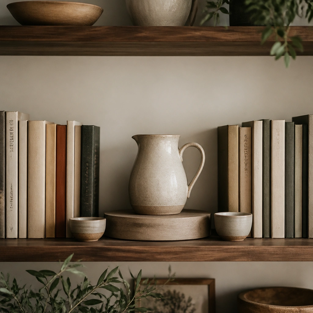 A dining shelf with cookbooks arranged upright in a symmetric row, centered with a ceramic pitcher on a small round riser, and a couple of mini bowls flanking it.