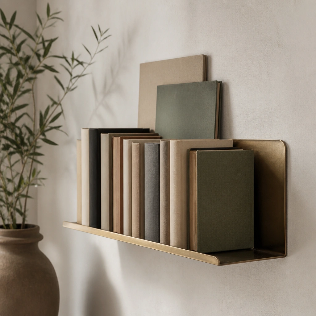 Books on a wall-mounted narrow shelf appear to float; a slim brass tray sits behind the books, with a few standing books leaning against a back wall for a layered effect.