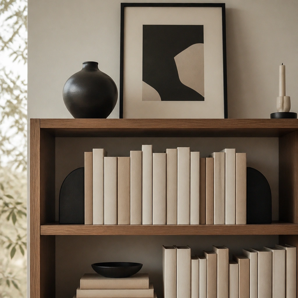 A shelf with mostly neutral book spines covered in cream paper, matte black bookends, a black-and-cream framed print, and a small black ceramic vase on the top shelf.