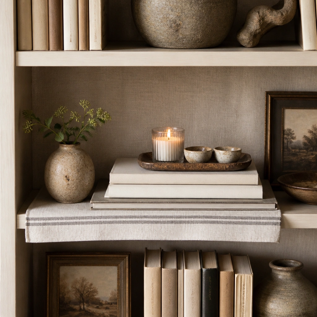 A bookshelf where the middle shelf has a folded linen runner laid across the back and books are placed on it, topped with a small tray, a candle, and a pair of ceramic salt cellars.