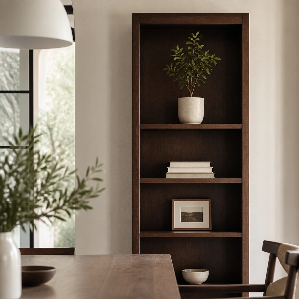 A dining bookshelf with a single tall plant in a ceramic pot on the top shelf, a tidy stack of books below it, and only one small object per shelf like a framed photo.