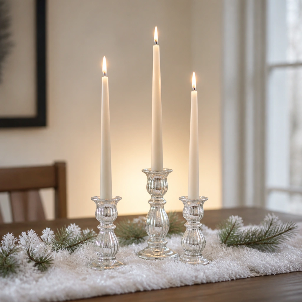 Three taper candles in clear mercury-glass holders set on a white flocked table runner, with tiny pine sprigs tucked along the edges and warm glow from the center.
