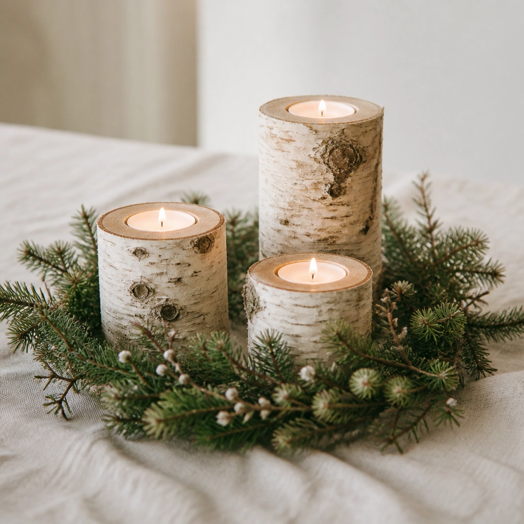 Short birch-log candle stands (white-barked wood) holding tealight candles, surrounded by a thin evergreen garland with small pine needles and subtle white accents.