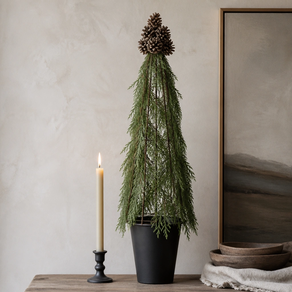 A slim black planter holding a tall wire-based greenery cone wrapped with pine sprigs, topped with a cluster of pine cones; one long taper candle sits beside it.