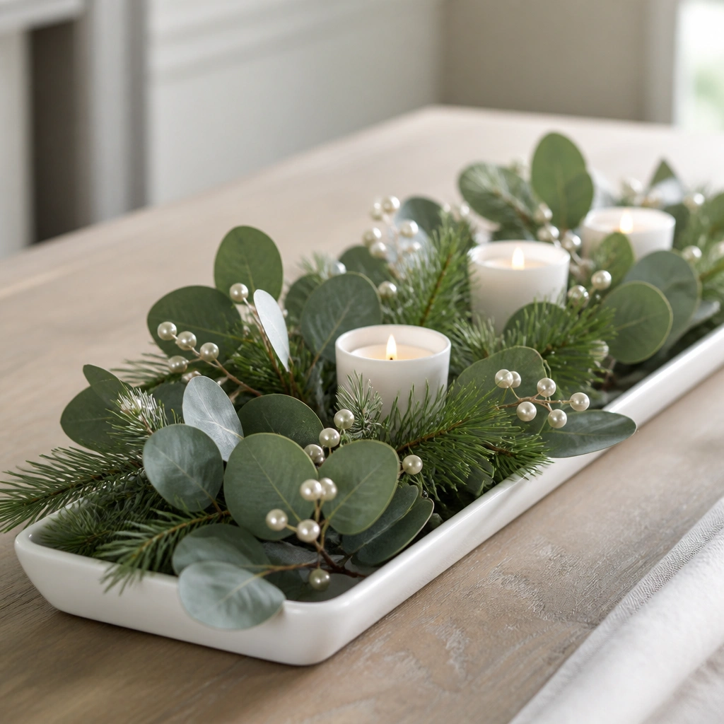 A long white ceramic tray filled with faux eucalyptus and pine, with scattered pearl picks and a few white candles in small holders.