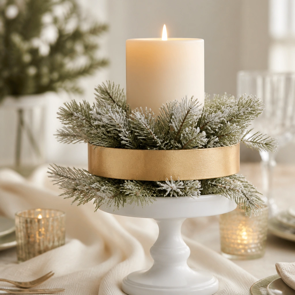 A white pedestal stand holding a candle, wrapped with frosted evergreen sprigs and a wide gold ribbon band around the middle; the table is styled with cream linens.
