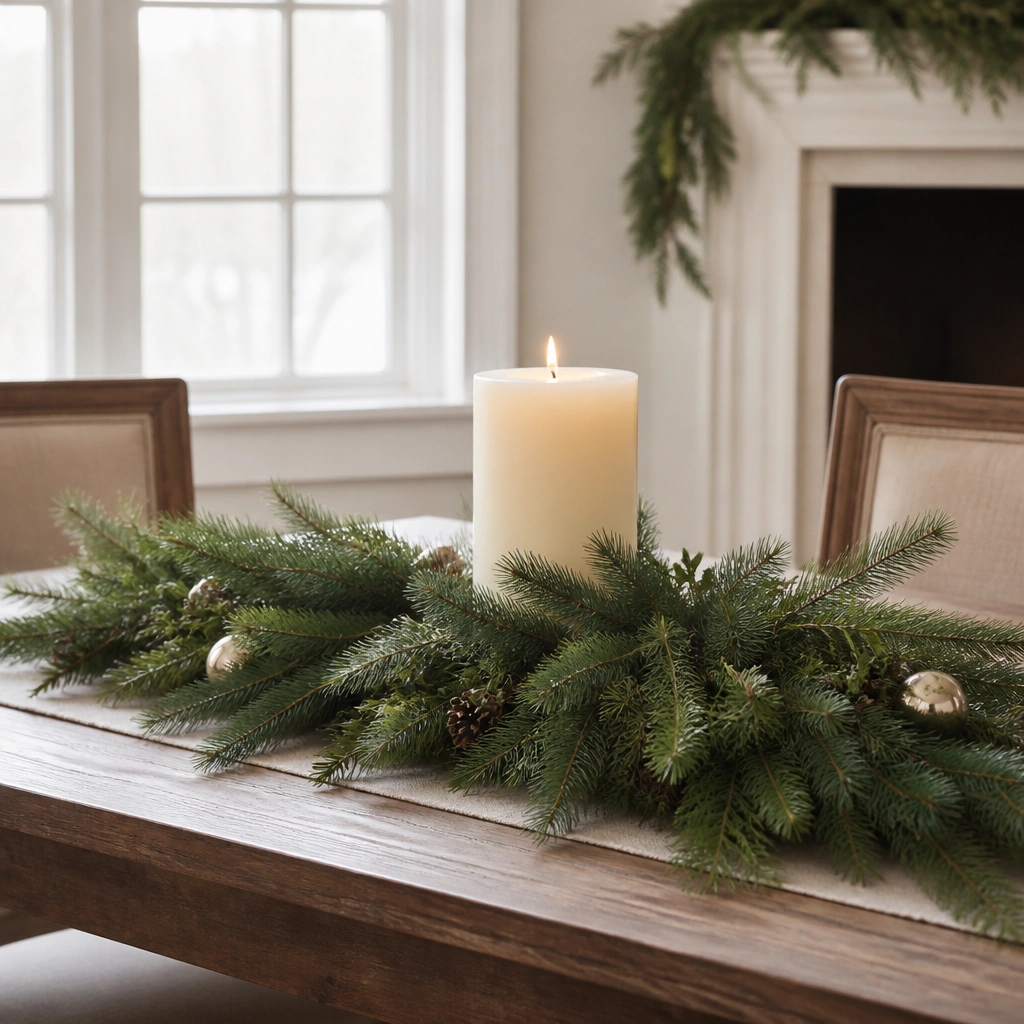 A layered swag of faux evergreen draped across the center of the table, with one oversized ivory pillar candle in the middle and minimal ornament accents.
