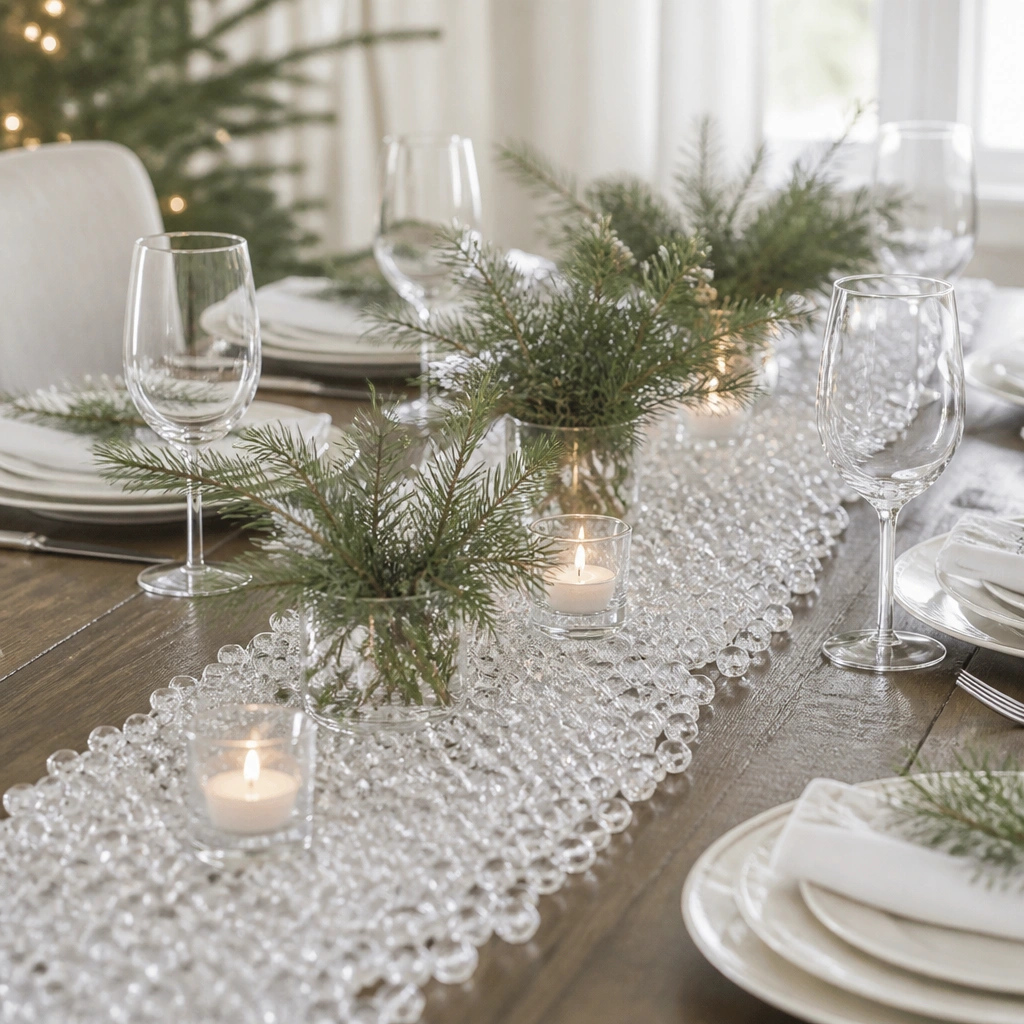 A clear beaded or crystal-look runner across the table, with tiny evergreen clusters placed at intervals and a few clear glass votives with tea lights.