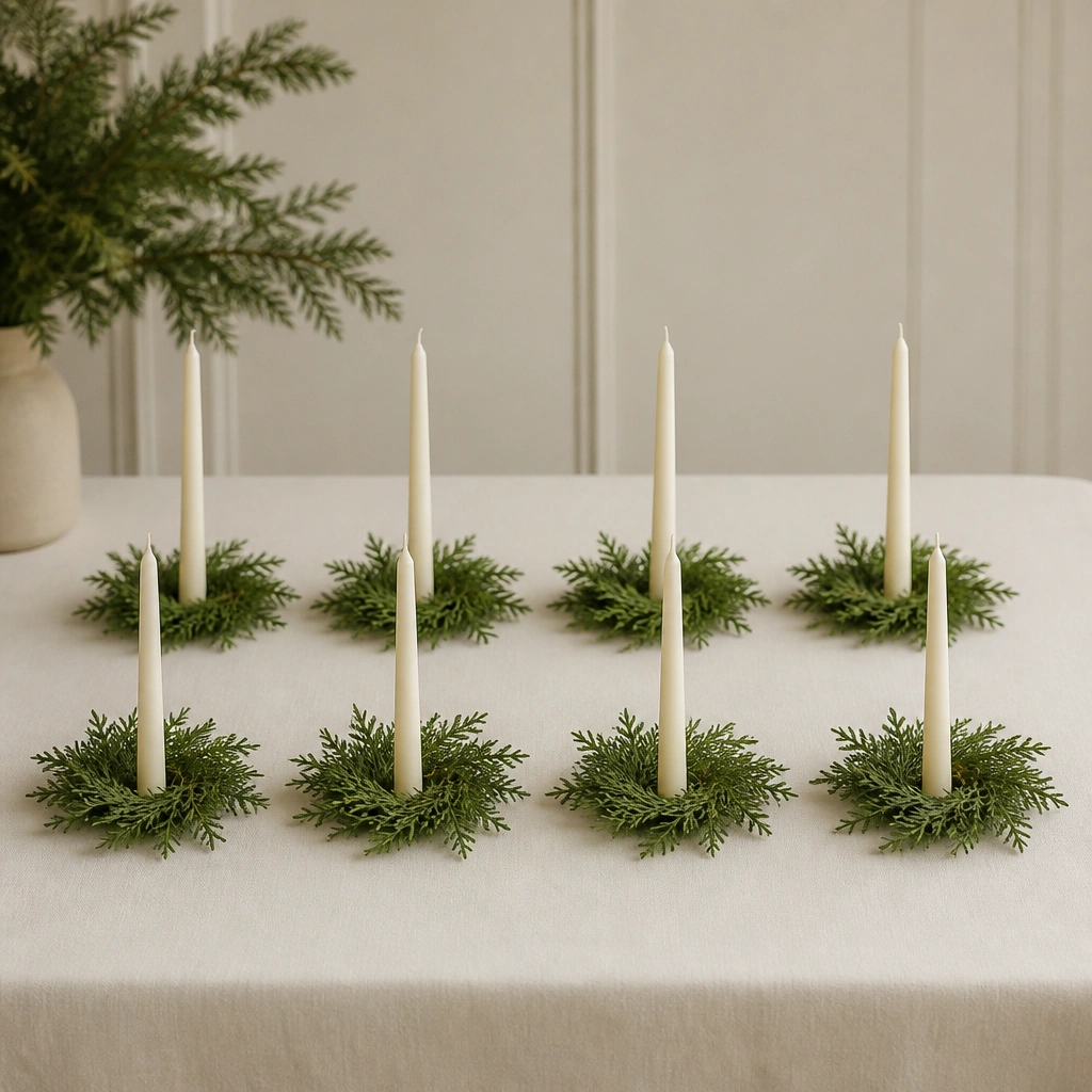 Six to eight cream taper candles arranged in a neat grid on the table, each surrounded by a small ring of evergreen sprigs; tablecloth is matte cream.