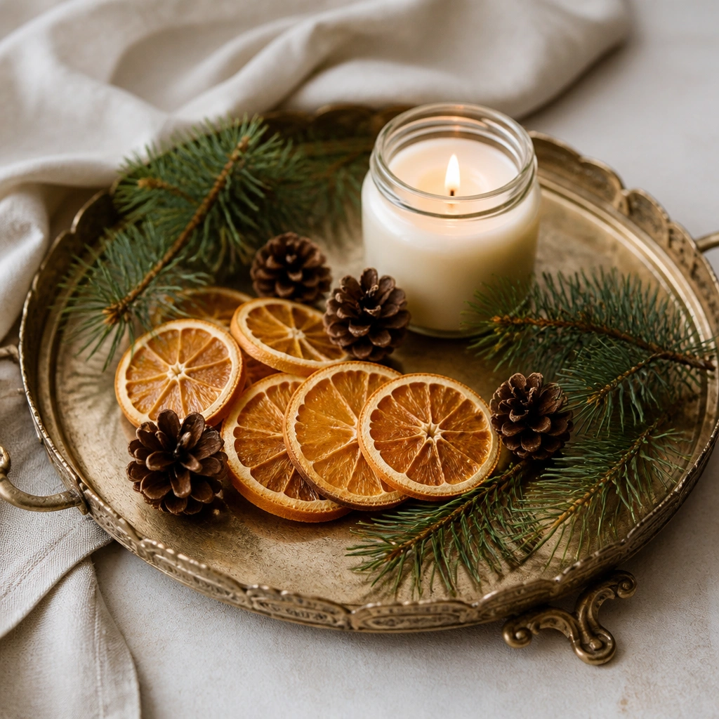 An antique gold-toned tray holding dried orange slices, mini pine cones, and a few evergreen sprigs, with one small candle in a glass jar near the back.