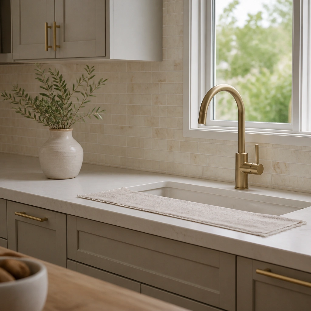 A small kitchen with a beige peel-and-stick tile backsplash in a subtle marble pattern, warm white countertops, and matte brass faucet and cabinet pulls. A pale linen runner lies in front of the sink with a single ceramic vase on the counter.