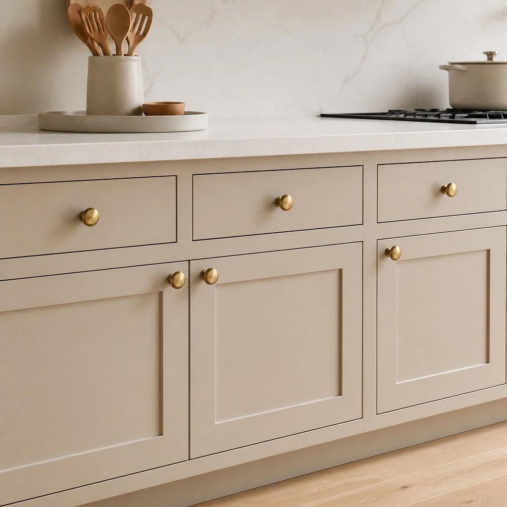 Close-up view of kitchen cabinet fronts painted a warm beige, with clean lines and updated brushed brass knobs. The floor is light wood, and the countertops stay the same bright white. A small tray with wooden spoons sits near the backsplash.