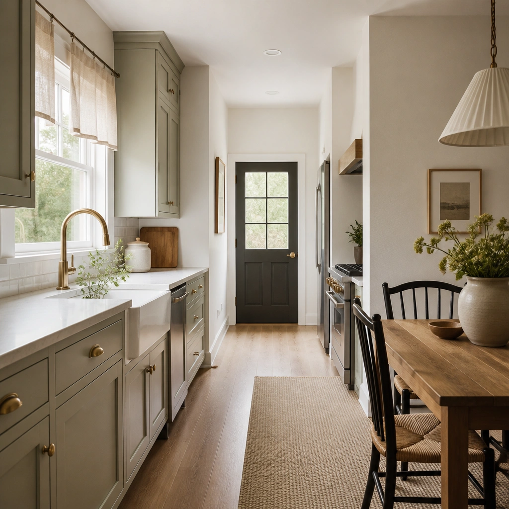 A galley kitchen with light wood floors, a low-pile beige area rug under the dining side, and a simple beige linen curtain on a tension rod above the sink window. The counters are uncluttered with a neutral ceramic canister and a wooden cutting board.