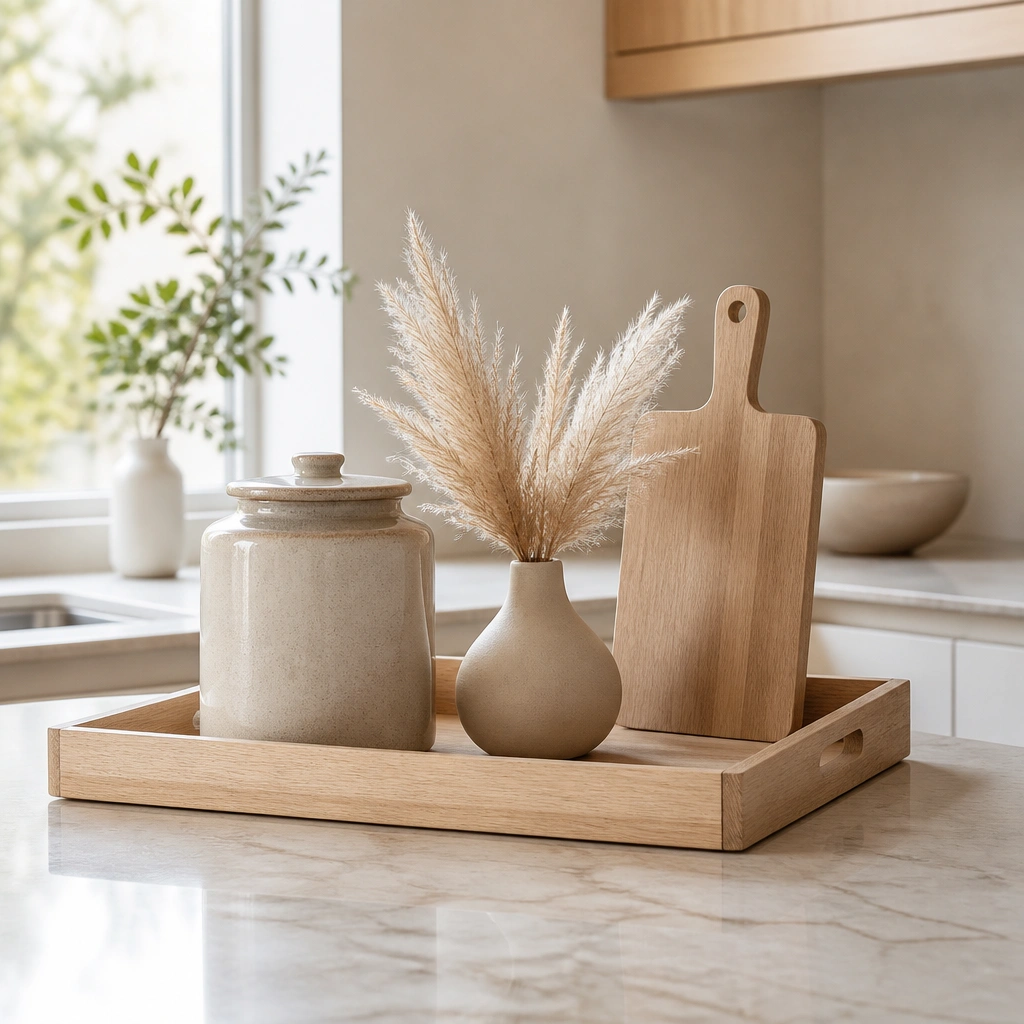 A bright kitchen counter with a large rectangular tray in light wood, holding a beige ceramic canister, a small bud vase with dried pampas grass, and a slim cutting board. The rest of the counters are mostly empty, showing the beige tones in the accessories.