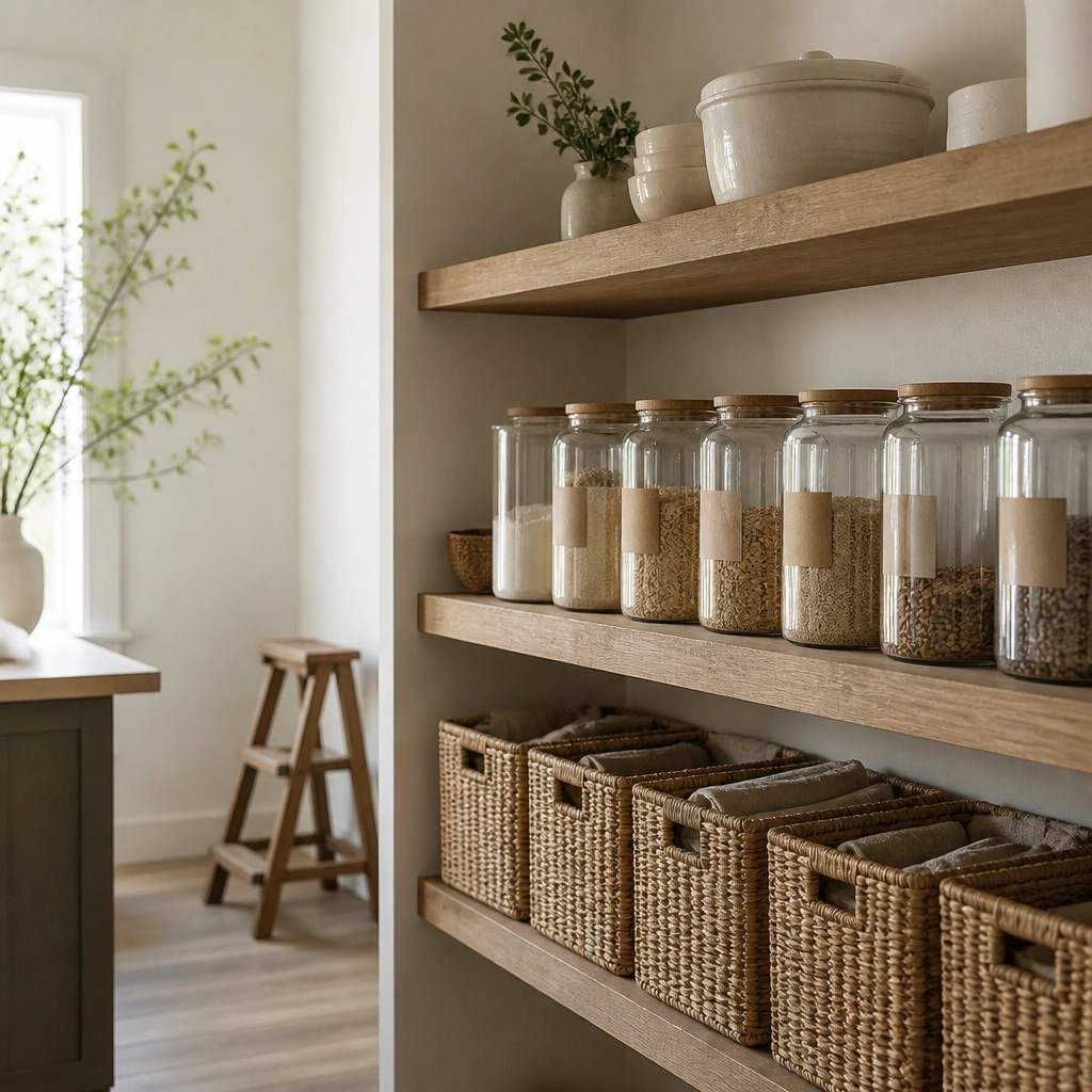 Open kitchen shelves with beige woven baskets on the bottom, clear glass jars with beige labels on the middle, and a couple of stoneware pieces in cream on the top shelf. A small wooden step stool is leaned in the background.