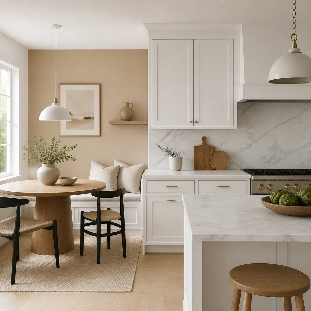 A kitchen with a matte warm beige accent on the wall behind the dining nook, while the rest stays white. The accent wall has a simple framed print and a small shelf with a beige ceramic vase. Cabinetry and countertops are unchanged.
