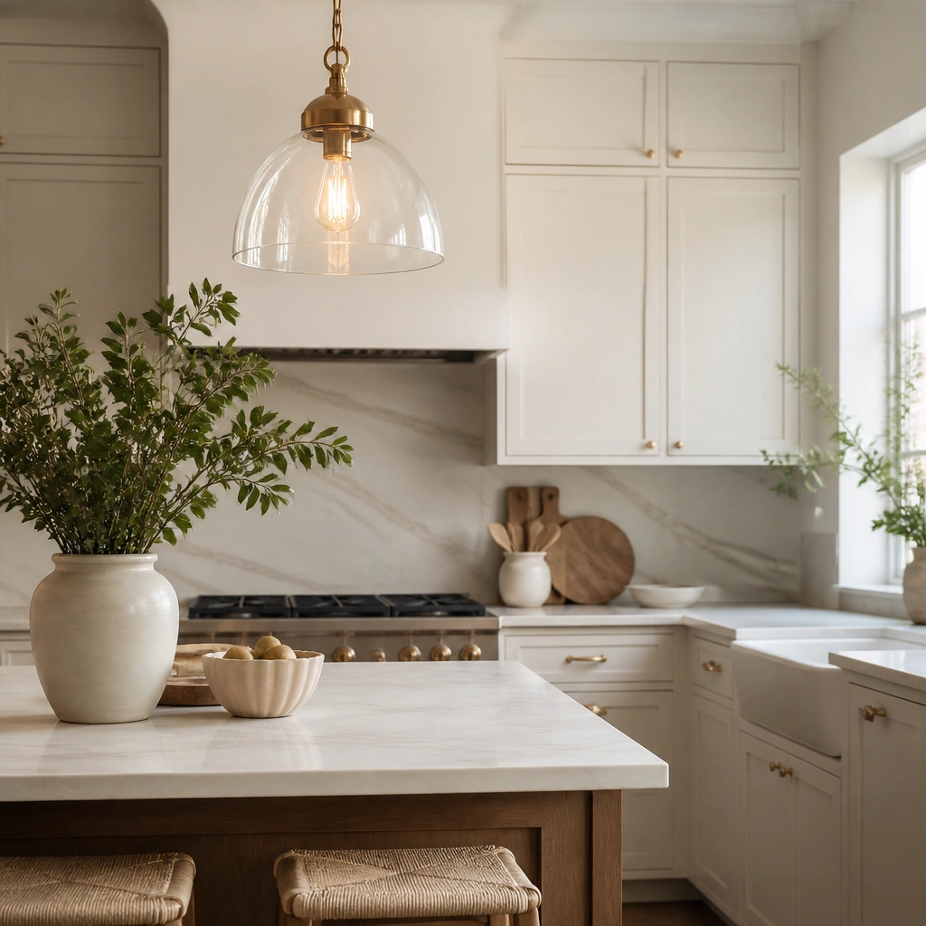 A kitchen with a brass-toned pendant light over the island, casting a warm glow. Cabinet pulls look golden, and the beige accessories on the counter look creamy rather than yellow. A clear glass shade shows the bulb inside.