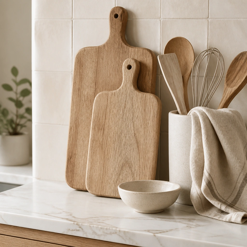 A kitchen counter styled with two stacked natural wood cutting boards, a beige linen towel draped over a utensil crock, and a small ceramic bowl. The backsplash is neutral and the overall palette is creamy beige and light wood.