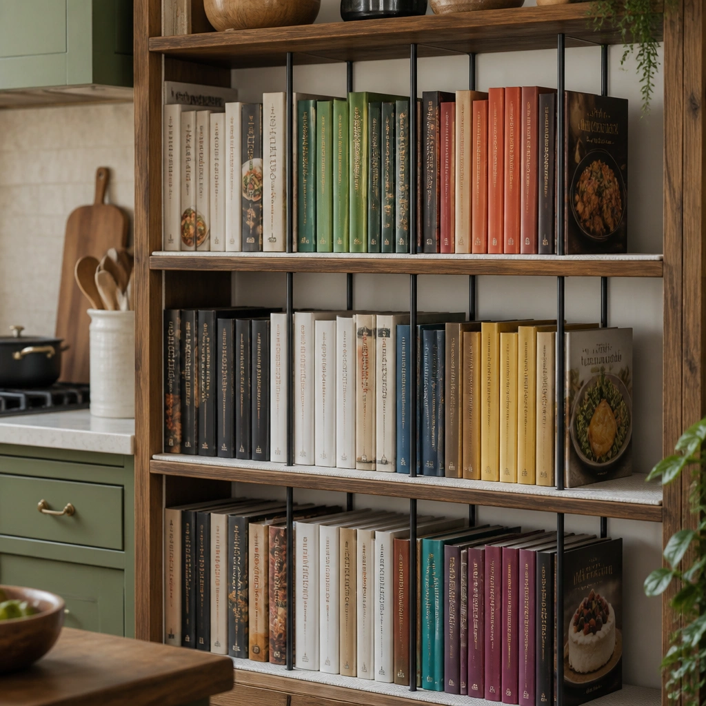 A kitchen bookshelf with three rows of cookbooks. Thin black tension rods sit vertically to form narrow sections, and each section holds a different category of books. Removable white shelf liner is visible at the base.