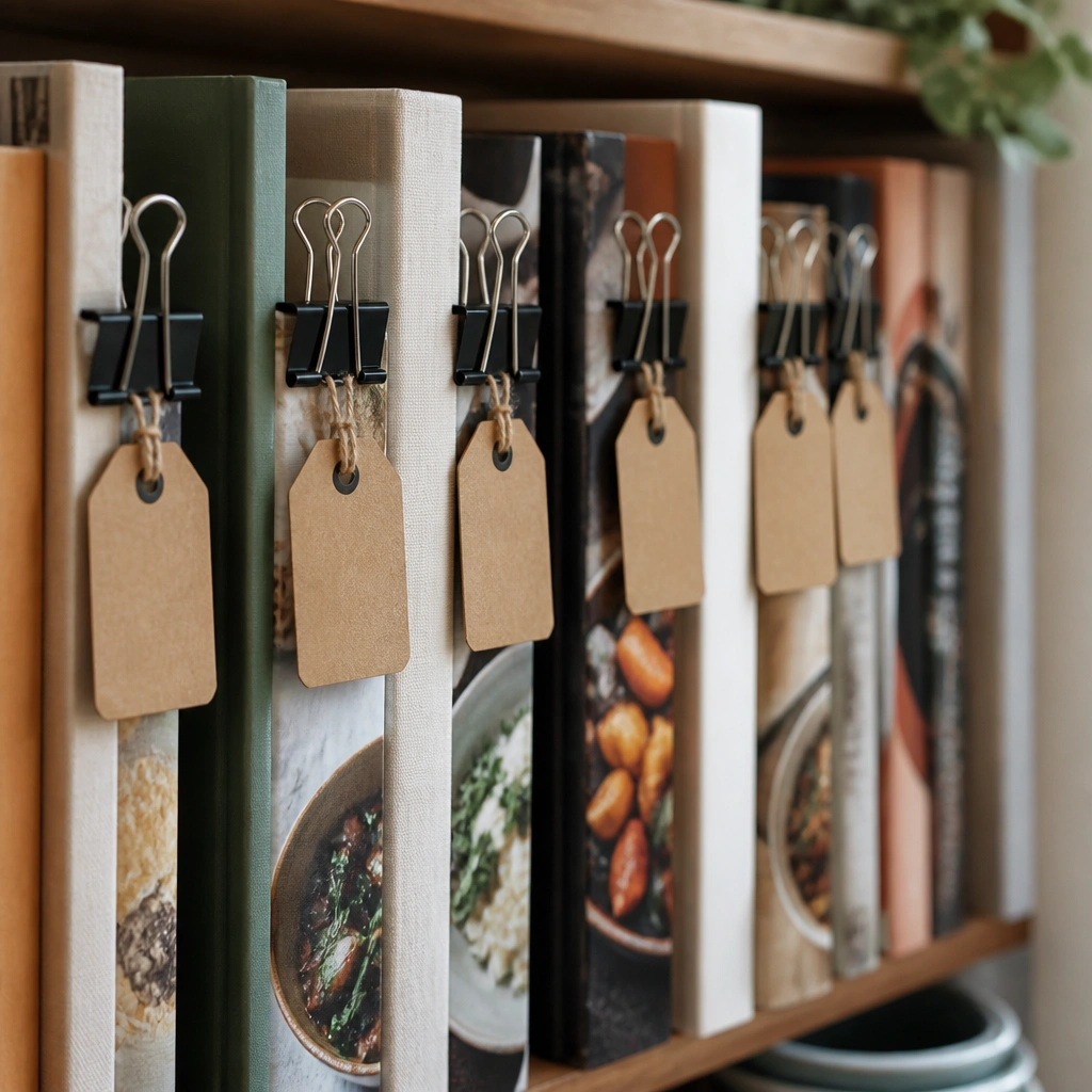 Close-up view of a bookshelf with cookbook spines facing out. Small black binder clips clip onto the front edges of books like bookmarks, creating visible section markers. A small kraft label tag hangs from each clip.