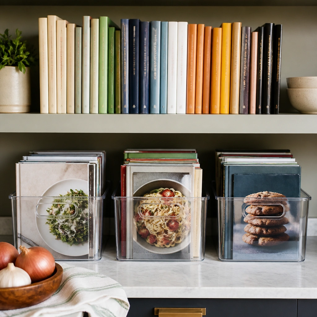 A kitchen shelf with three clear plastic bins sitting on the lower half. Each bin holds magazine-style recipe books and small cookbooks grouped by theme. The top half shows spines facing outward.