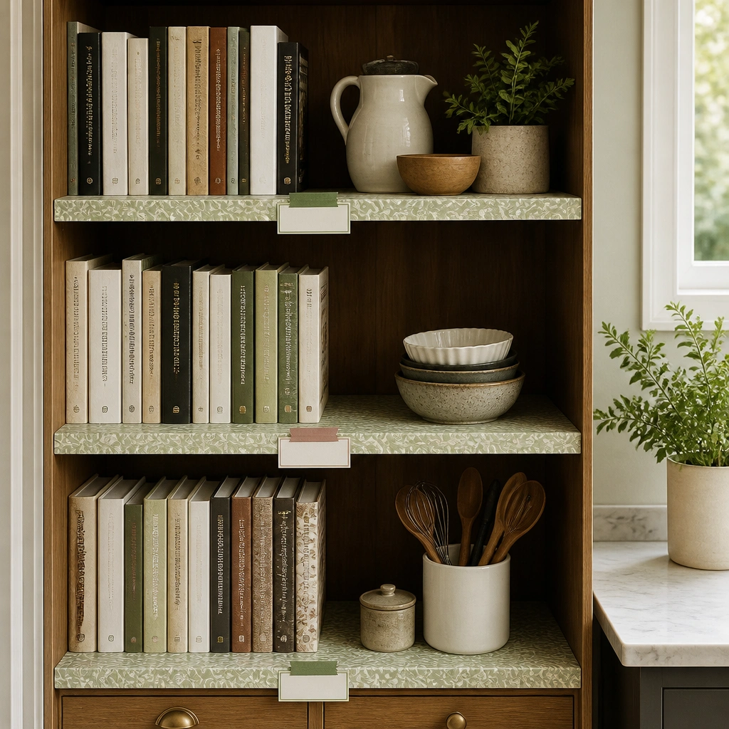 A kitchen bookshelf with a removable patterned shelf liner in muted sage. Small label cards with colored tape are placed on the front edge of each shelf section. Cookbooks are arranged upright with consistent spacing.