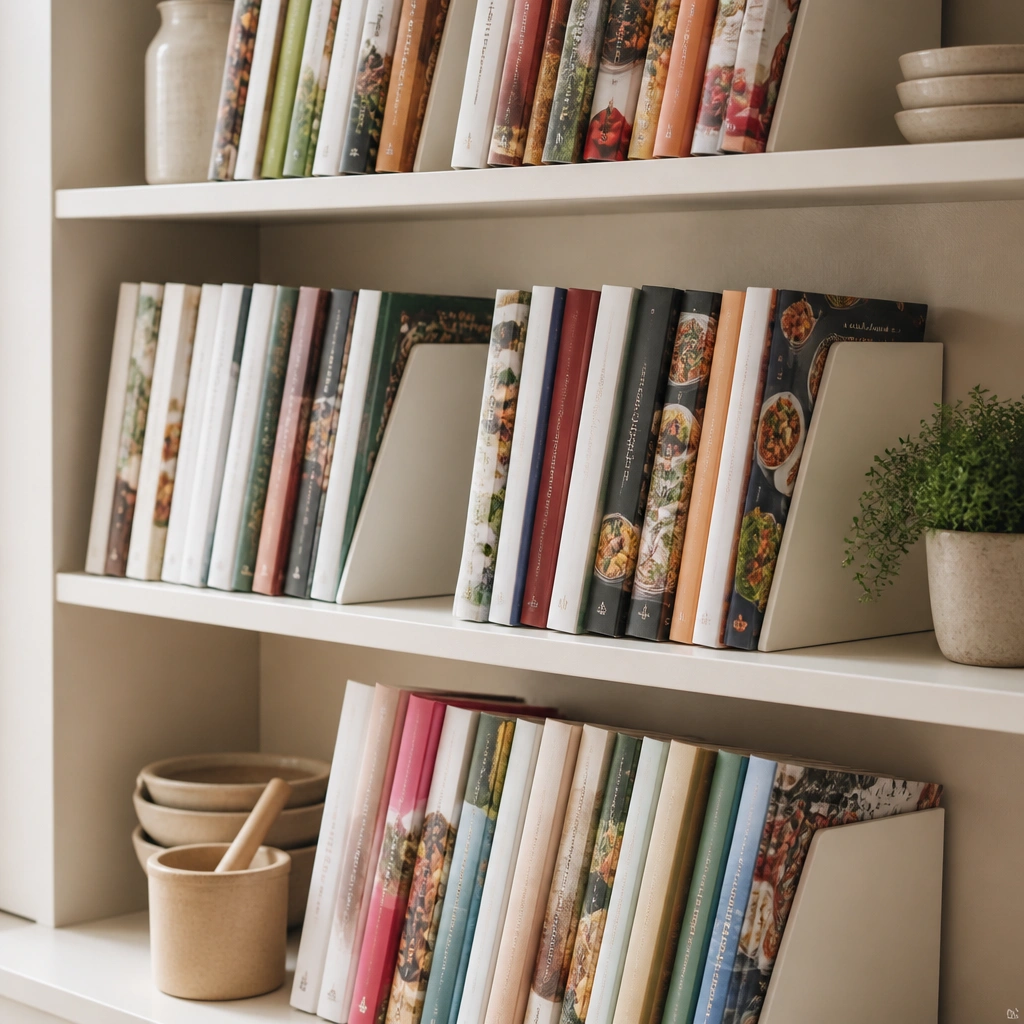 A bookshelf with upright cookbook stands made from folded foam board. Each stand holds a row of cookbooks at a consistent angle, with the spines facing out. The shelf base is lined in neutral paper.