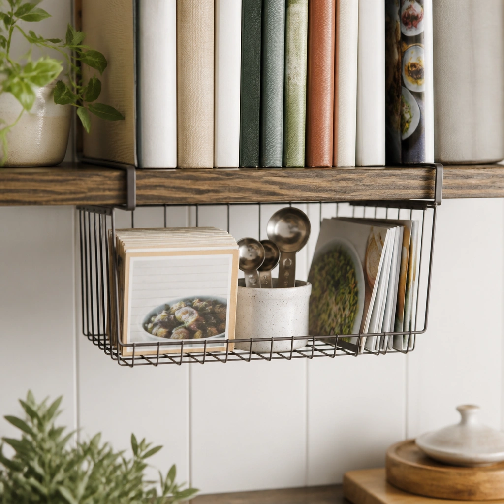 A wire basket attached under a shelf holds small recipe cards, a measuring spoon holder, and a few slim pamphlets. The books above stay aligned with spines facing forward.