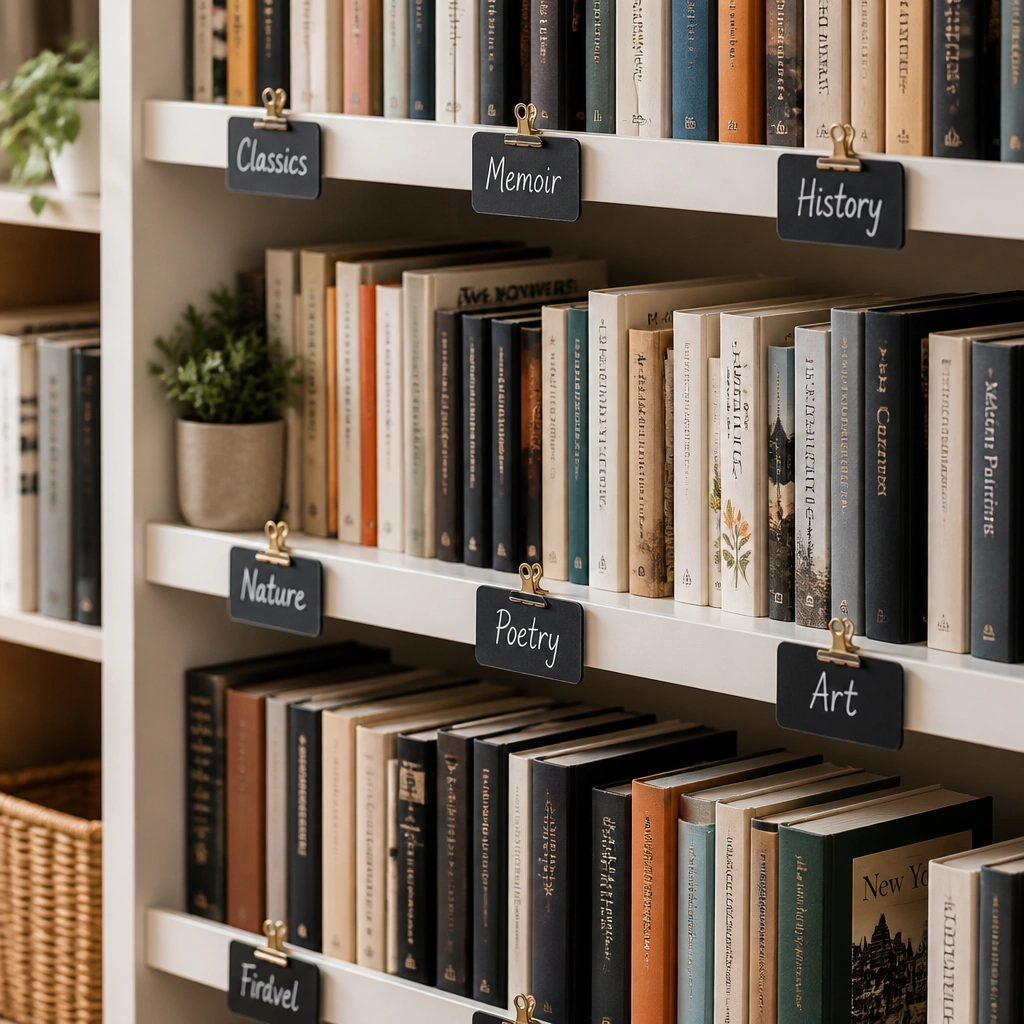 A shelf with small chalkboard-style label tags clipped onto shelf-edge dividers. Several tags are handwritten in neat white chalk with category names. Books are spaced in tidy rows behind the tags.