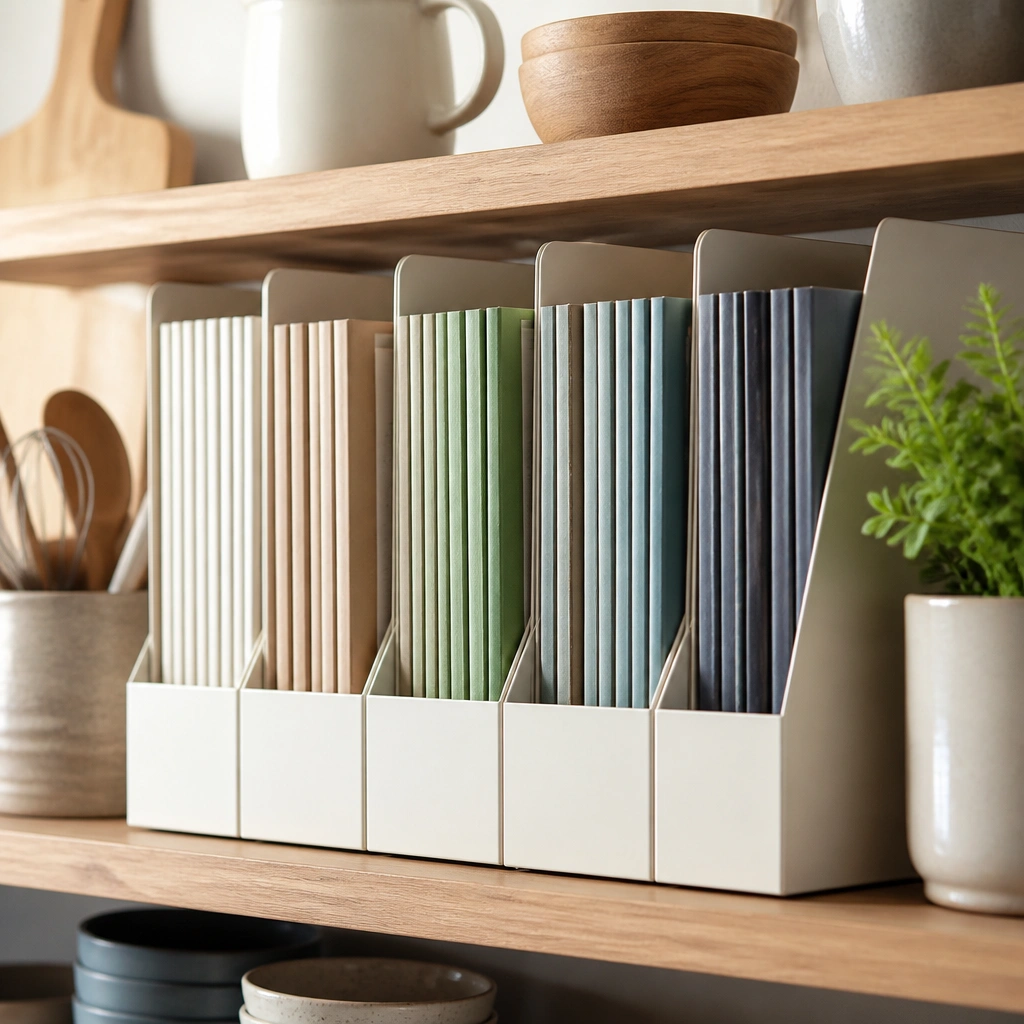 A kitchen bookshelf with slim recipe booklets standing upright in vertical magazine file holders. The inserts keep tiny books from falling over, and the front spines are aligned.