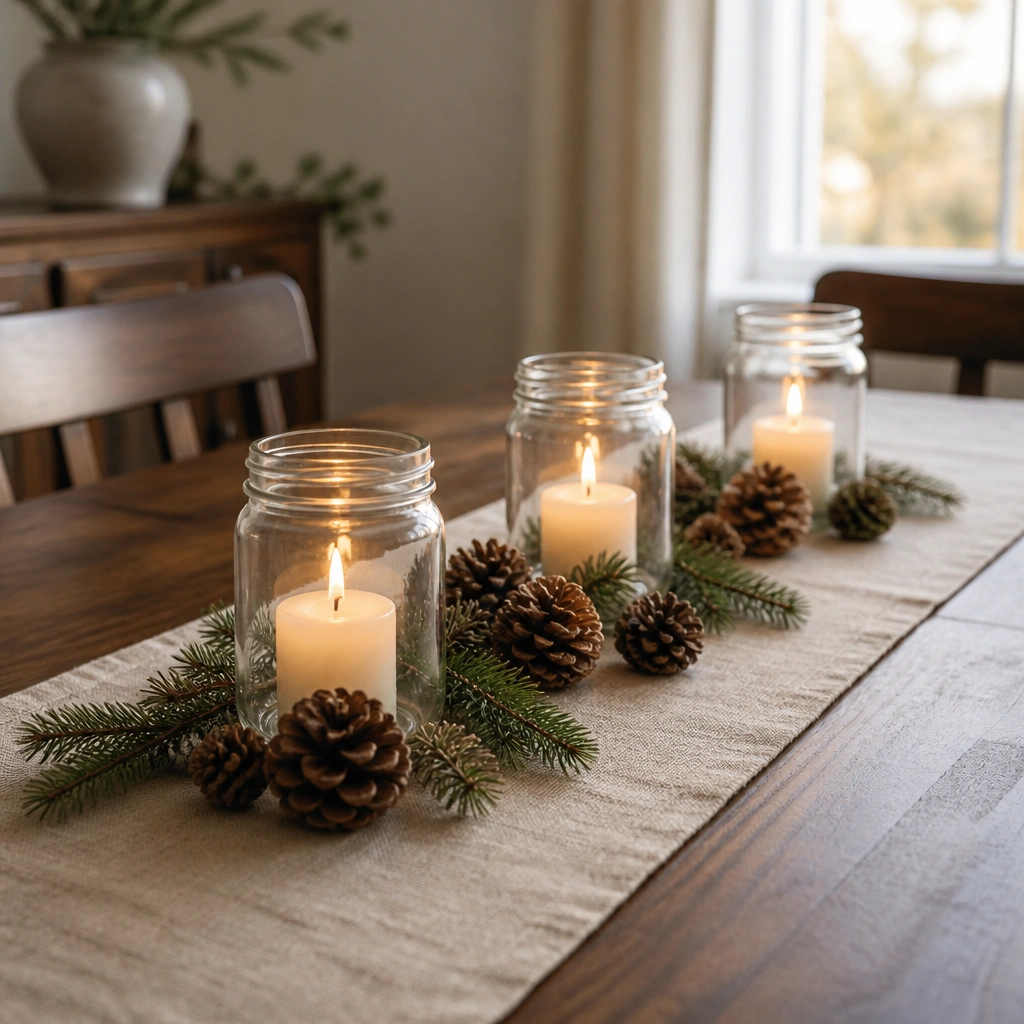A dining table with a simple beige runner. Three clear mason jars hold small white pillar candles. Pine cones are scattered along the runner, with a few faux evergreen sprigs tucked near the jars. Warm candlelight reflects off the glass.