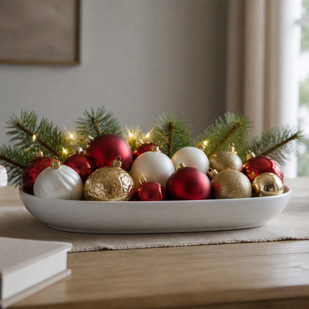 A white ceramic tray centered on a table. Inside are mixed ornaments in red, gold, and matte white, plus a few pine branches tucked behind them. A thin string of small warm-white lights is hidden along the back edge of the tray.