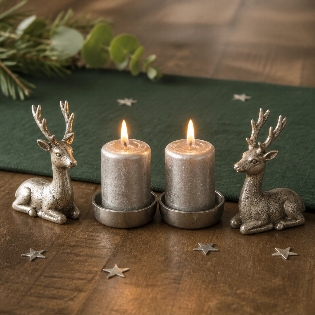 Two small reindeer figurines flank a pair of short candles on a wooden table. The candles are metallic-looking (silver or pewter) and placed in simple cups. The background includes a dark green placemat and a few scattered star-shaped confetti pieces.