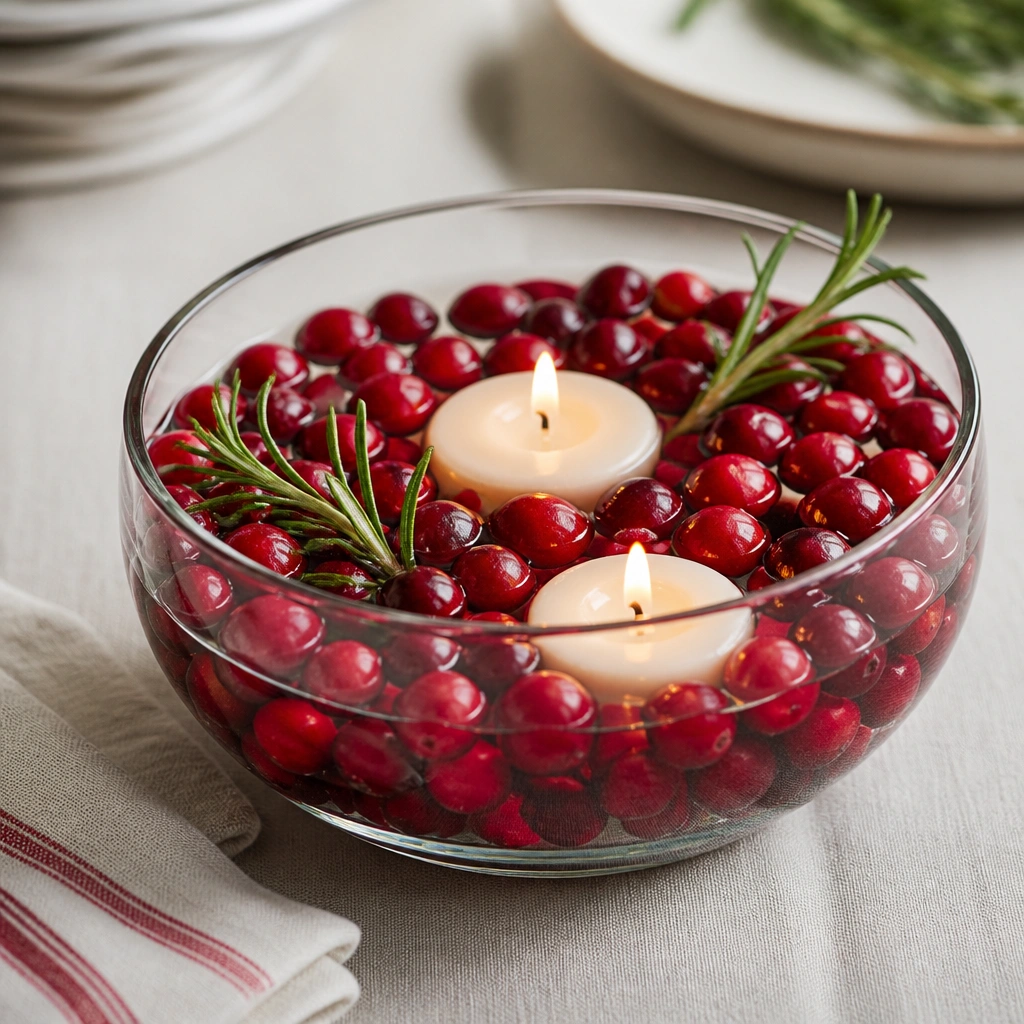 A clear glass bowl on a table filled with red cranberries. Two floating tea lights sit on top, one near the center and one closer to the edge. A couple of rosemary sprigs are tucked around the bowl.