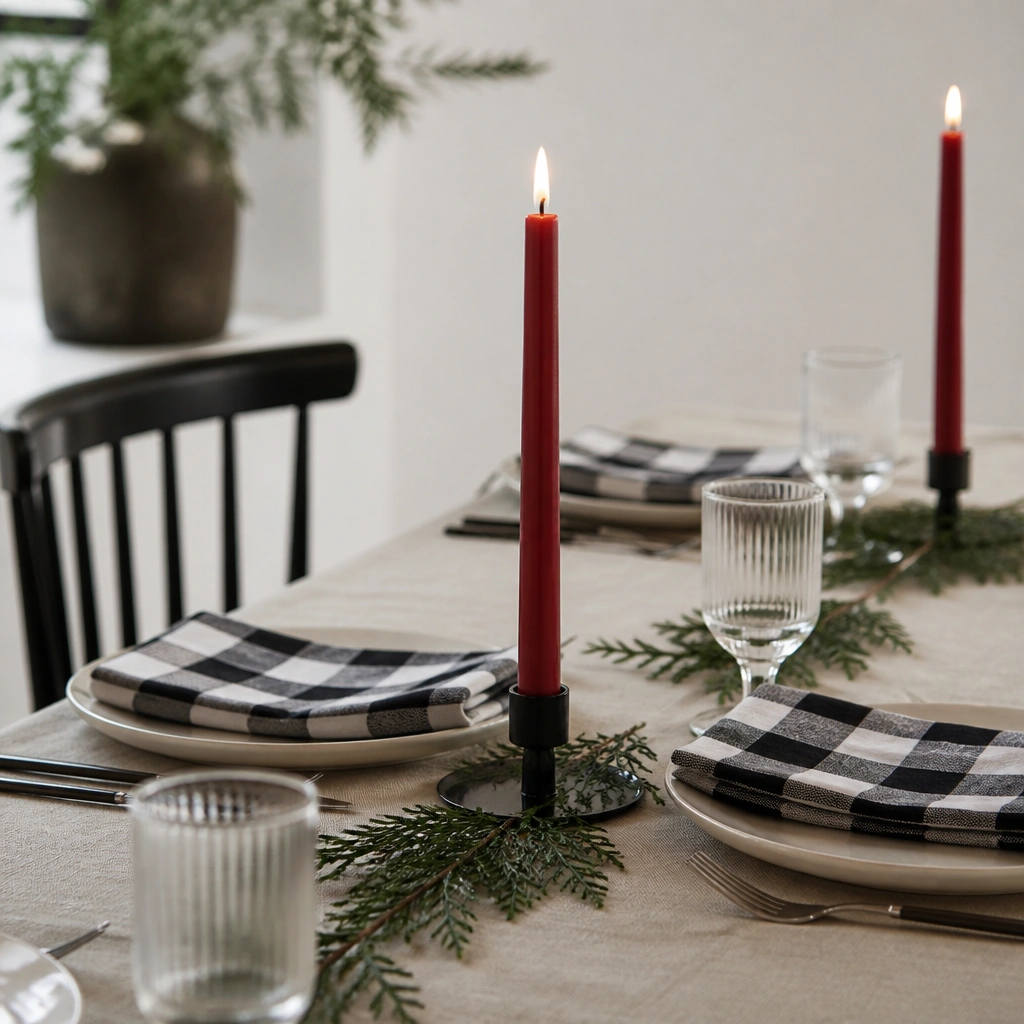 Folded black-and-white check napkins on plates. Between plates is a slim red candle placed in a simple holder. Small sprigs of evergreen peek from under the candle holders.