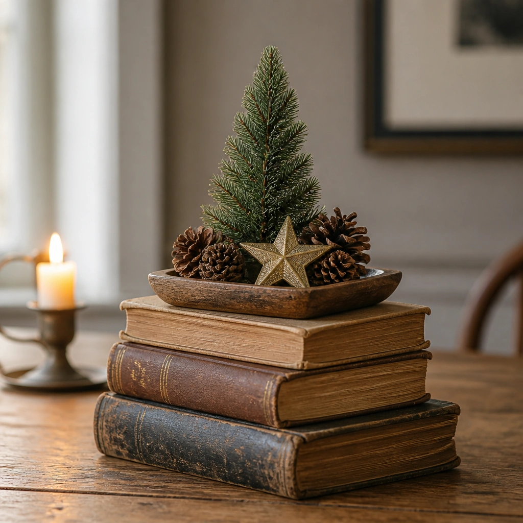 A small stack of old-looking books topped with a shallow tray. The tray holds a miniature evergreen tree, a gold star ornament, and a few pine cones. The stack sits centered on the table with a warm glow from a nearby candle.