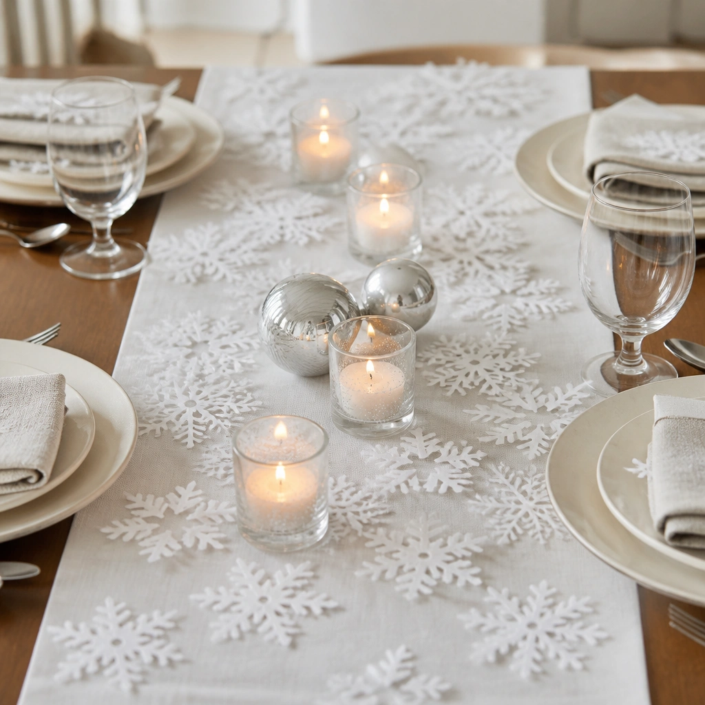 A white table runner covered with scattered paper snowflakes. Several faux candle votives in clear holders are lined along the runner. The plates are neutral, and a few silver ornaments are placed near the center.