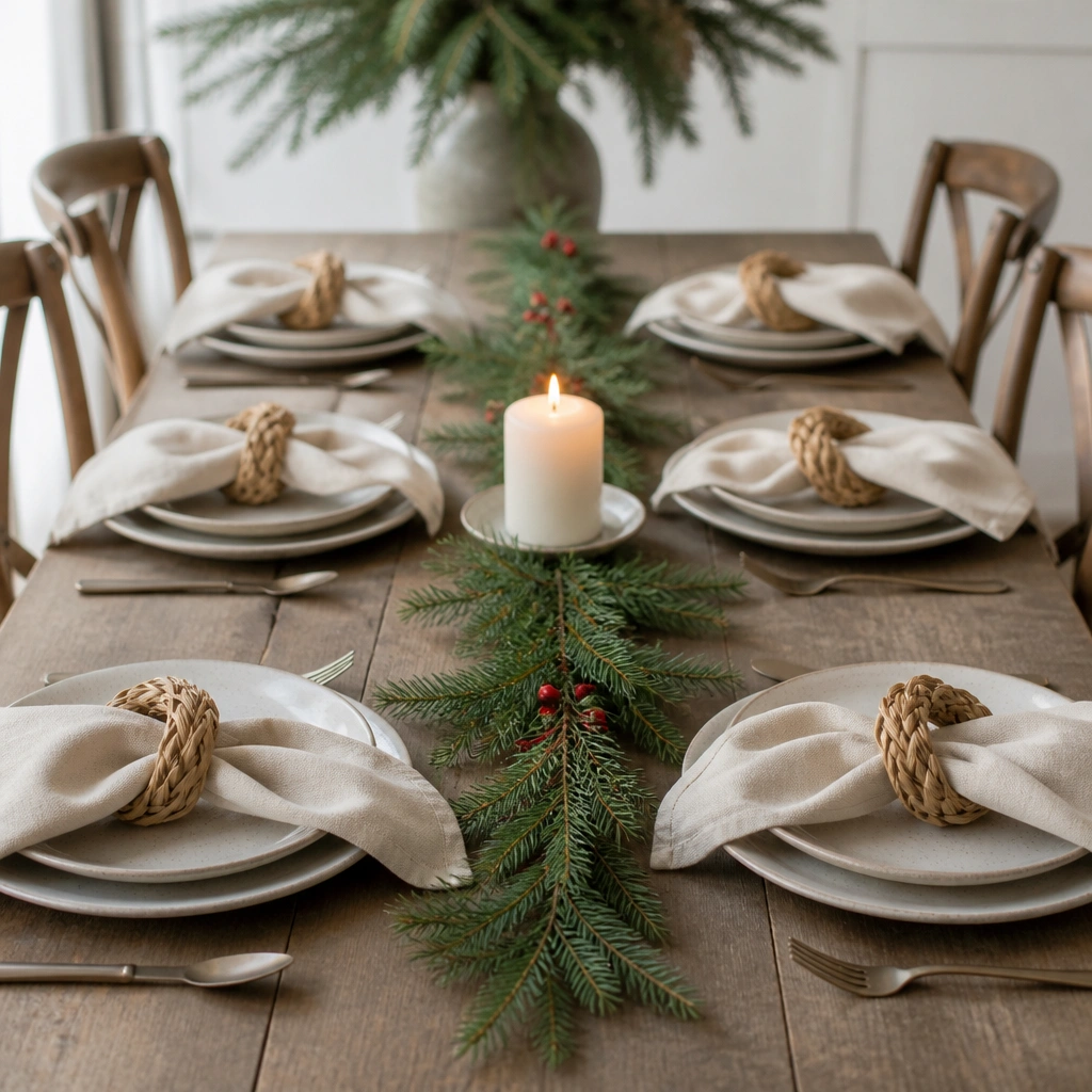 Napkins wrapped around small straw wreath rings at each place setting. Along the table center is a narrow strip of faux evergreen with a few red berry picks. A single candle sits in the middle on a small plate.