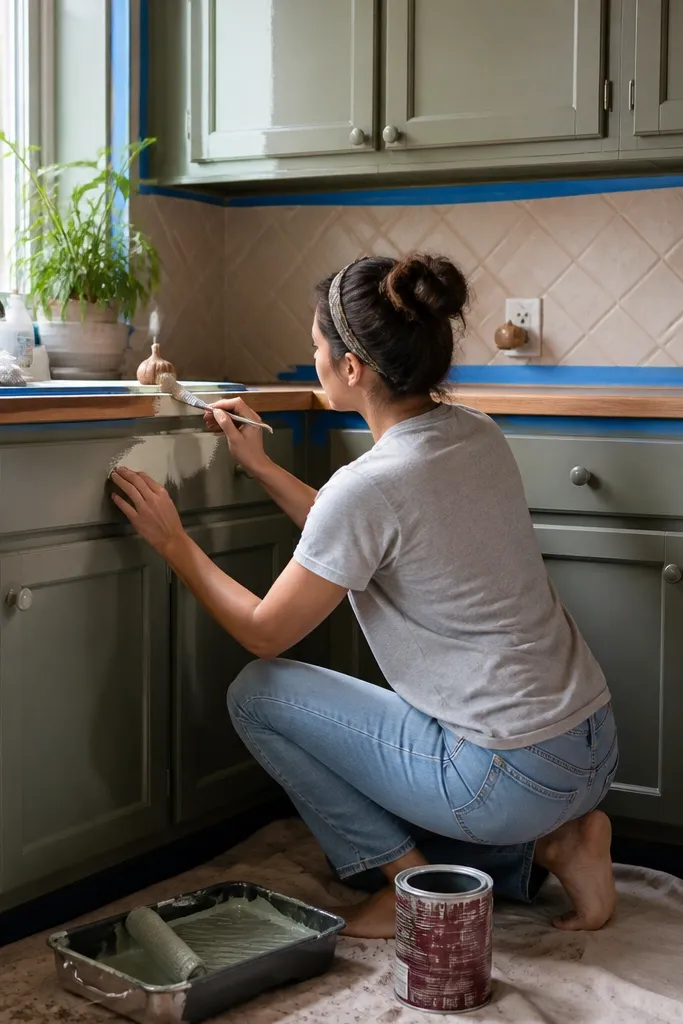 Kitchen cabinet doors painted a soft sage green with brushed nickel knobs, photographed straight-on with clean, matte-satin finish and visible grain on the doors.