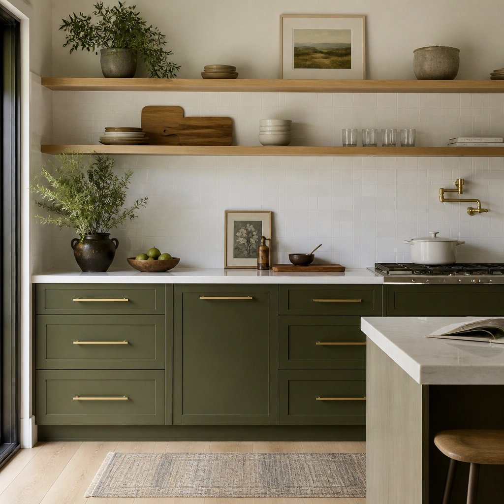 Lower kitchen cabinets in olive green with long brass bar pulls, paired with light wood shelves and a white backsplash, showing crisp lines and consistent sheen.