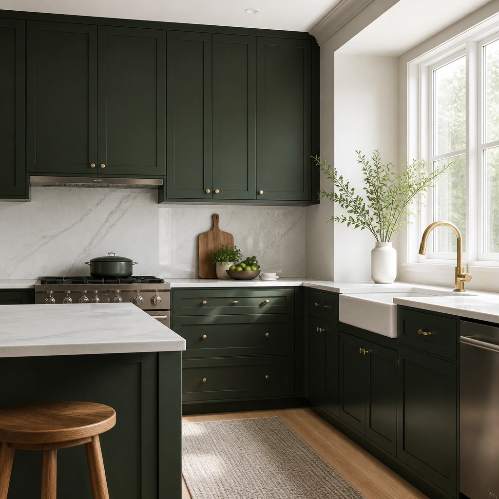 Upper cabinets painted deep hunter green in matte, lower cabinets painted the same color but finished in satin, with a subtle sheen difference under daylight.