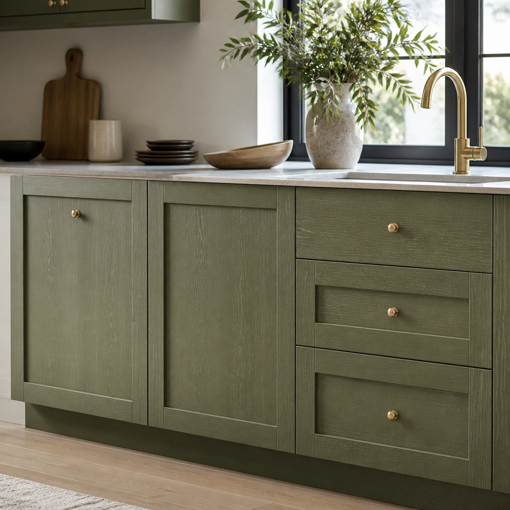 Kitchen cabinet fronts covered in a green peel-and-stick veneer film with visible wood-like texture, edges trimmed neatly around panel lines.
