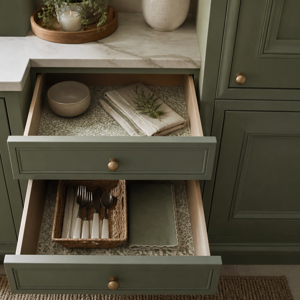Green-painted cabinet doors with open drawers showing a coordinated patterned liner in a muted green-and-cream palette.