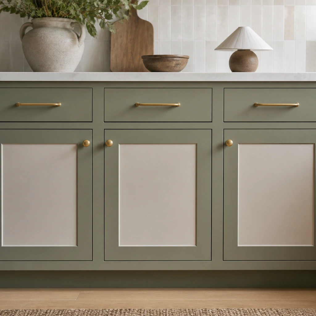 Cabinet doors with a green outer frame and a lighter neutral inner panel, showing sharp painter’s tape lines and a clean inset effect.