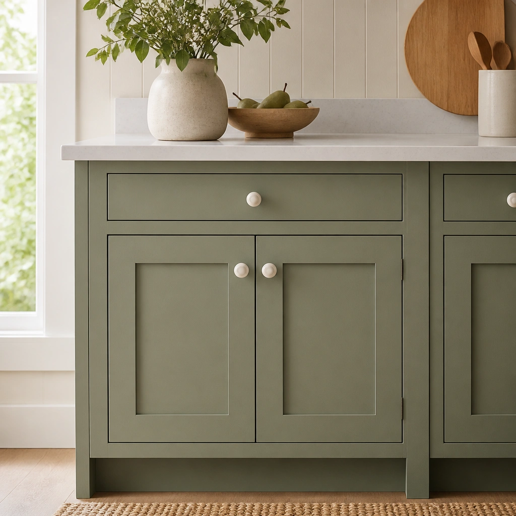 Small kitchen cabinet doors painted matte sage green with white ceramic knobs, styled with a light countertop and minimal clutter.